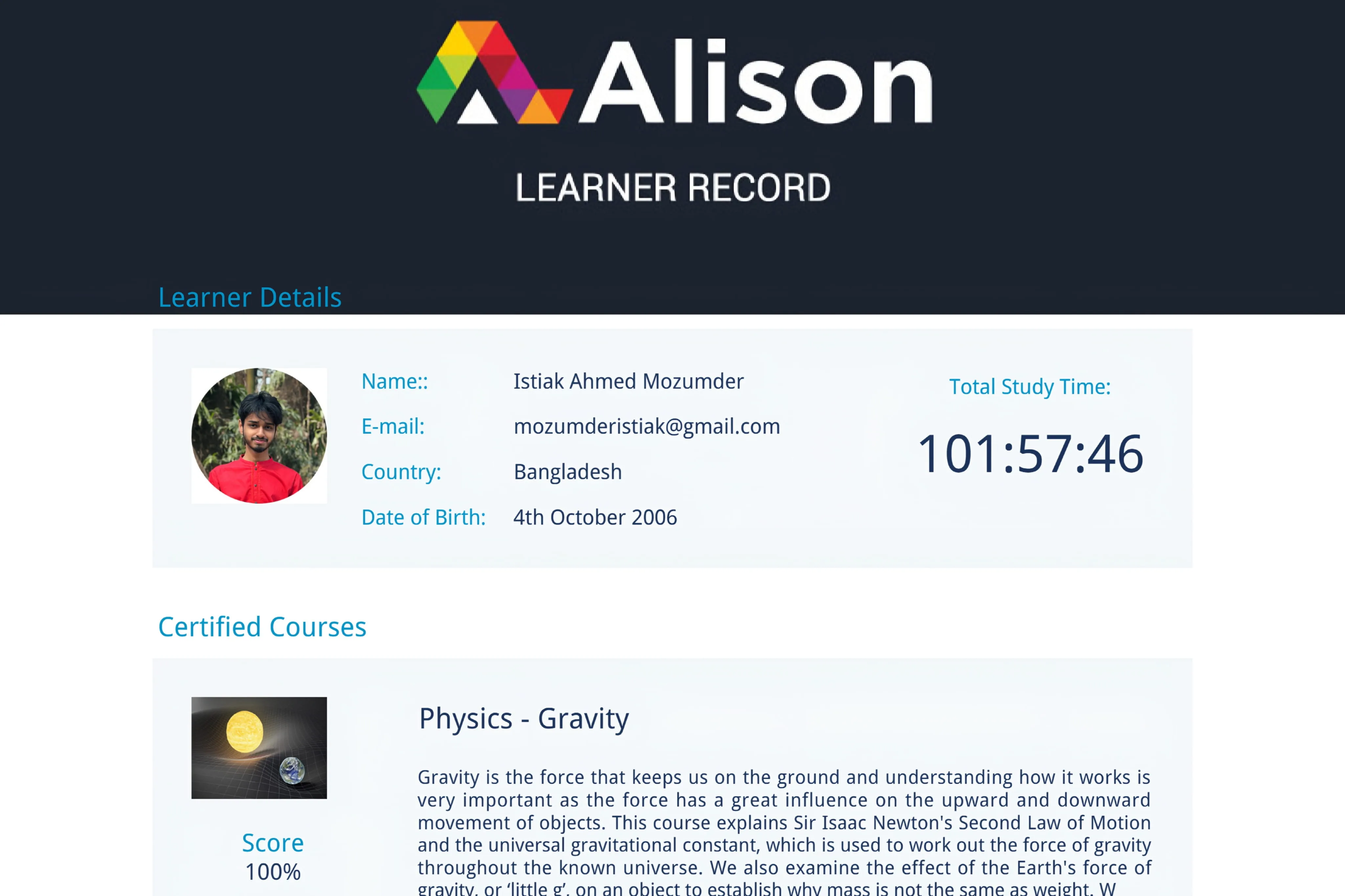 Alison Learner Record