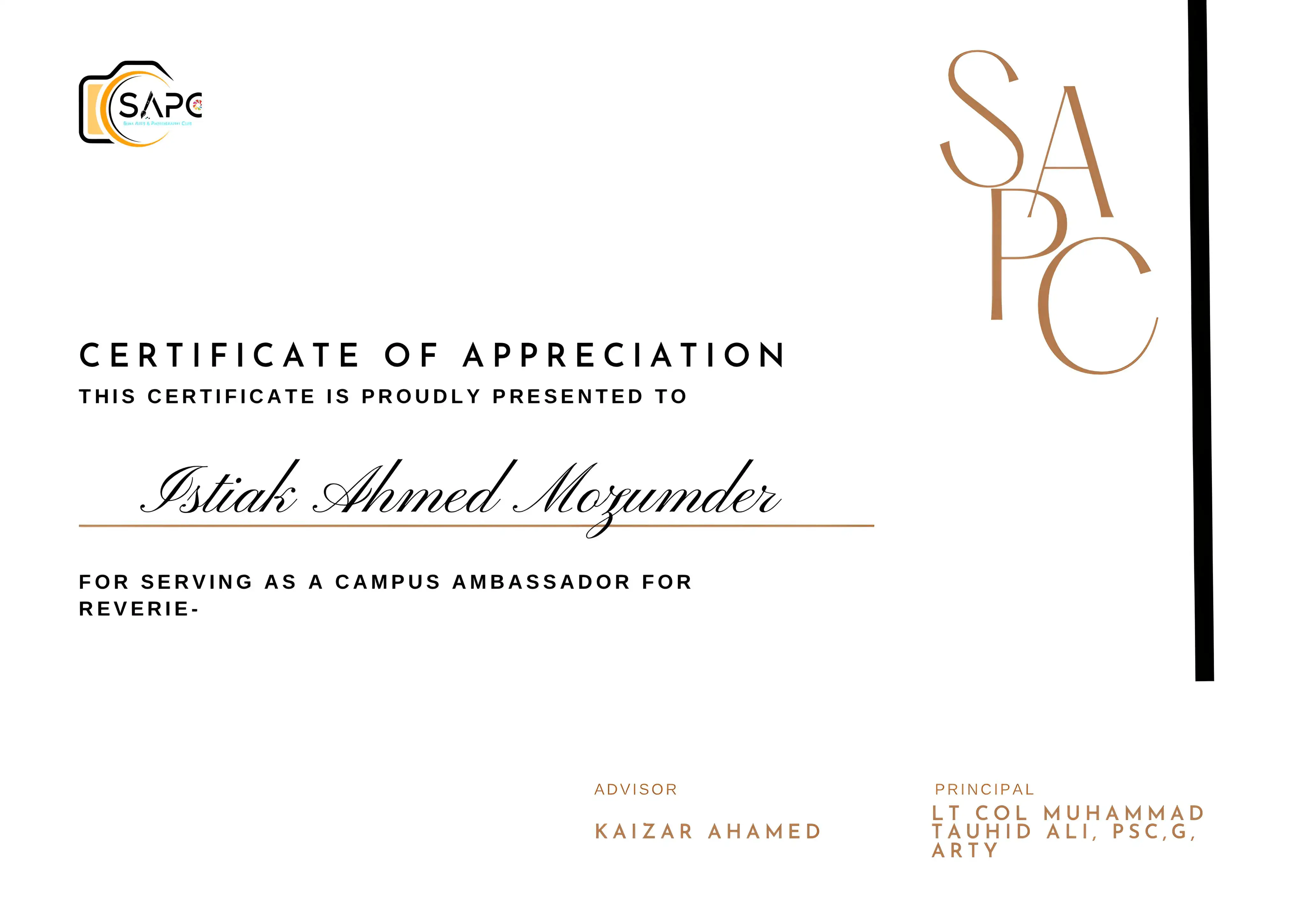 Campus Ambassador SAPC Certificate
