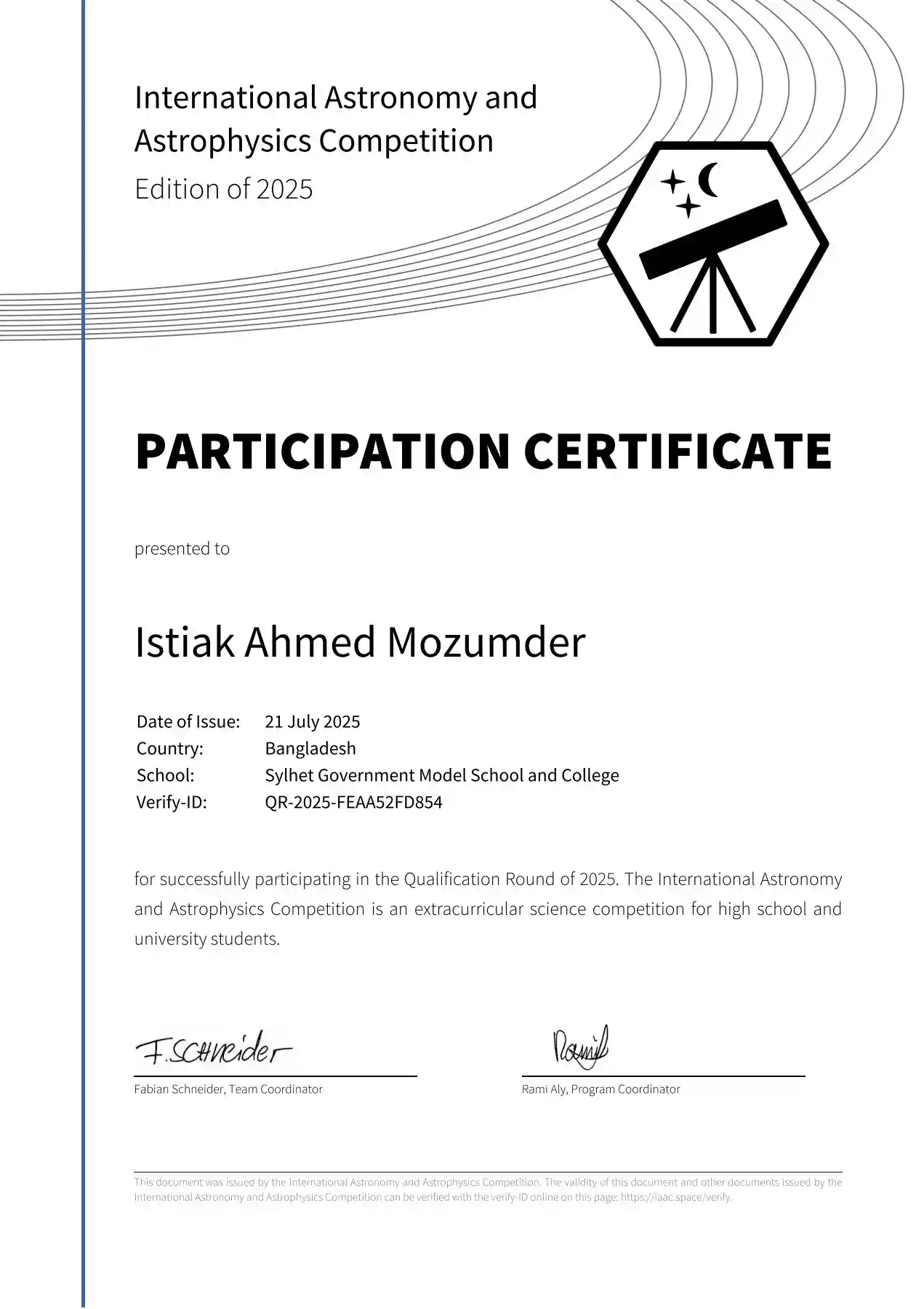 International Astronomy and Astrophysics Competition Certificate
