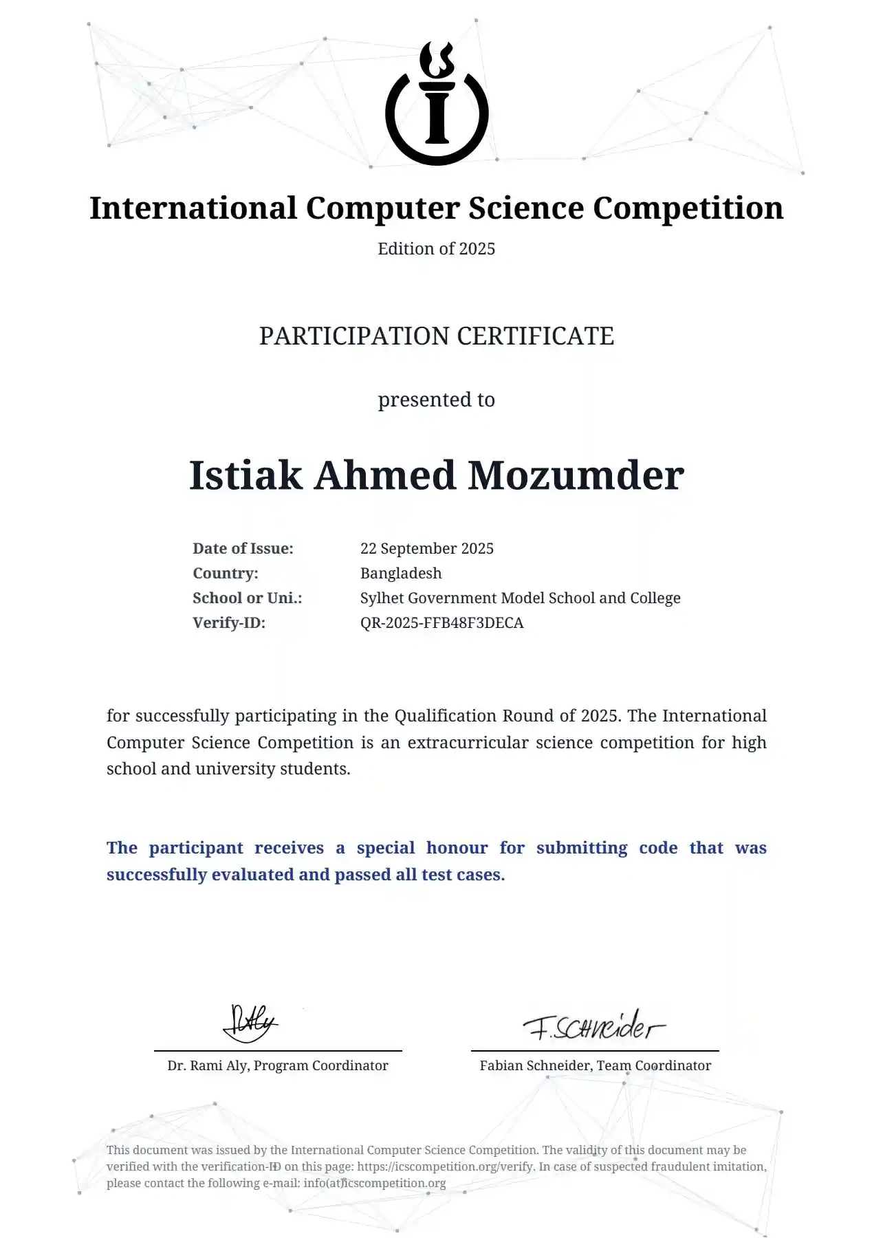 International Computer Science Competition Certificate