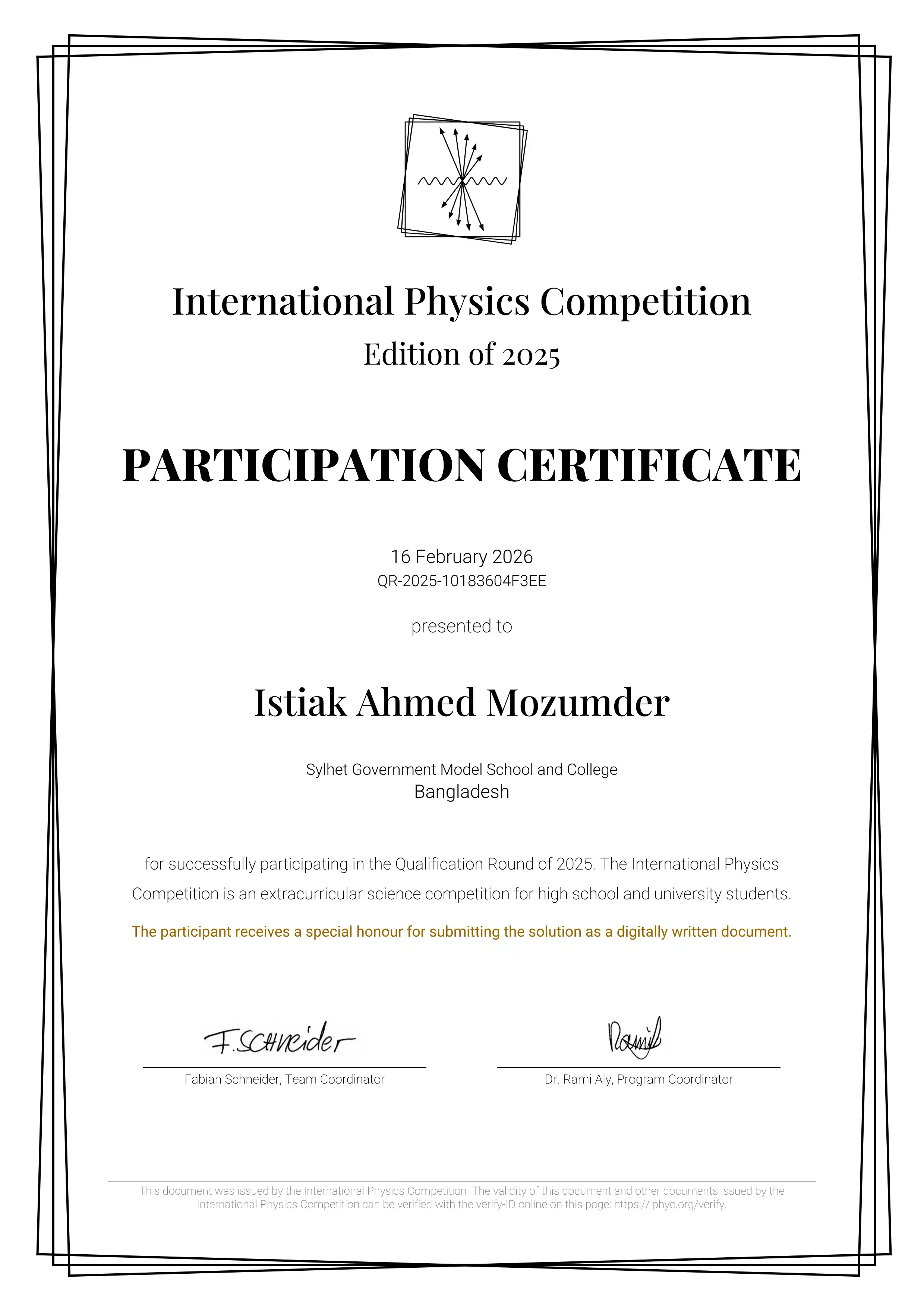 International Physics Competition Certificate