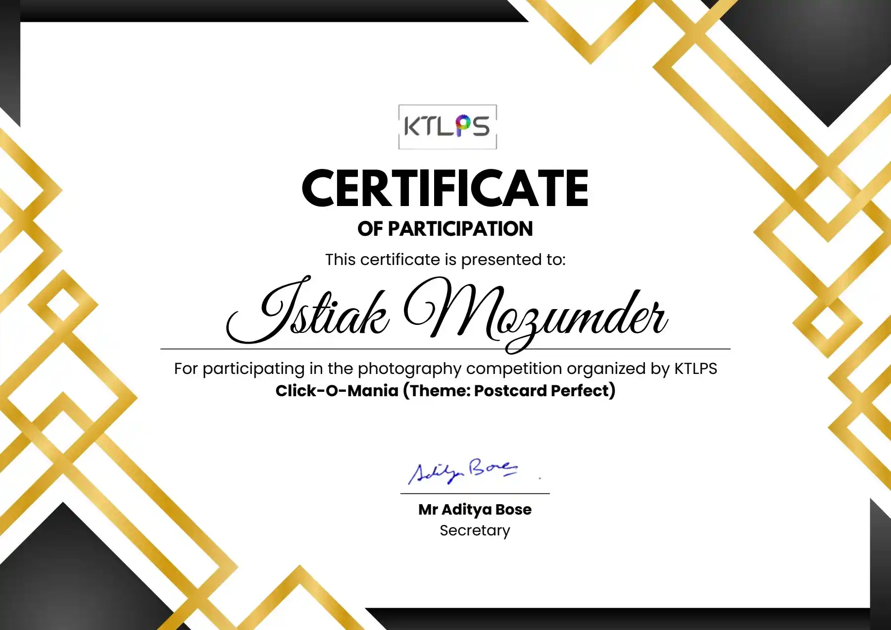 Kolkata Turning Lens Photographic Society Participation Certificate