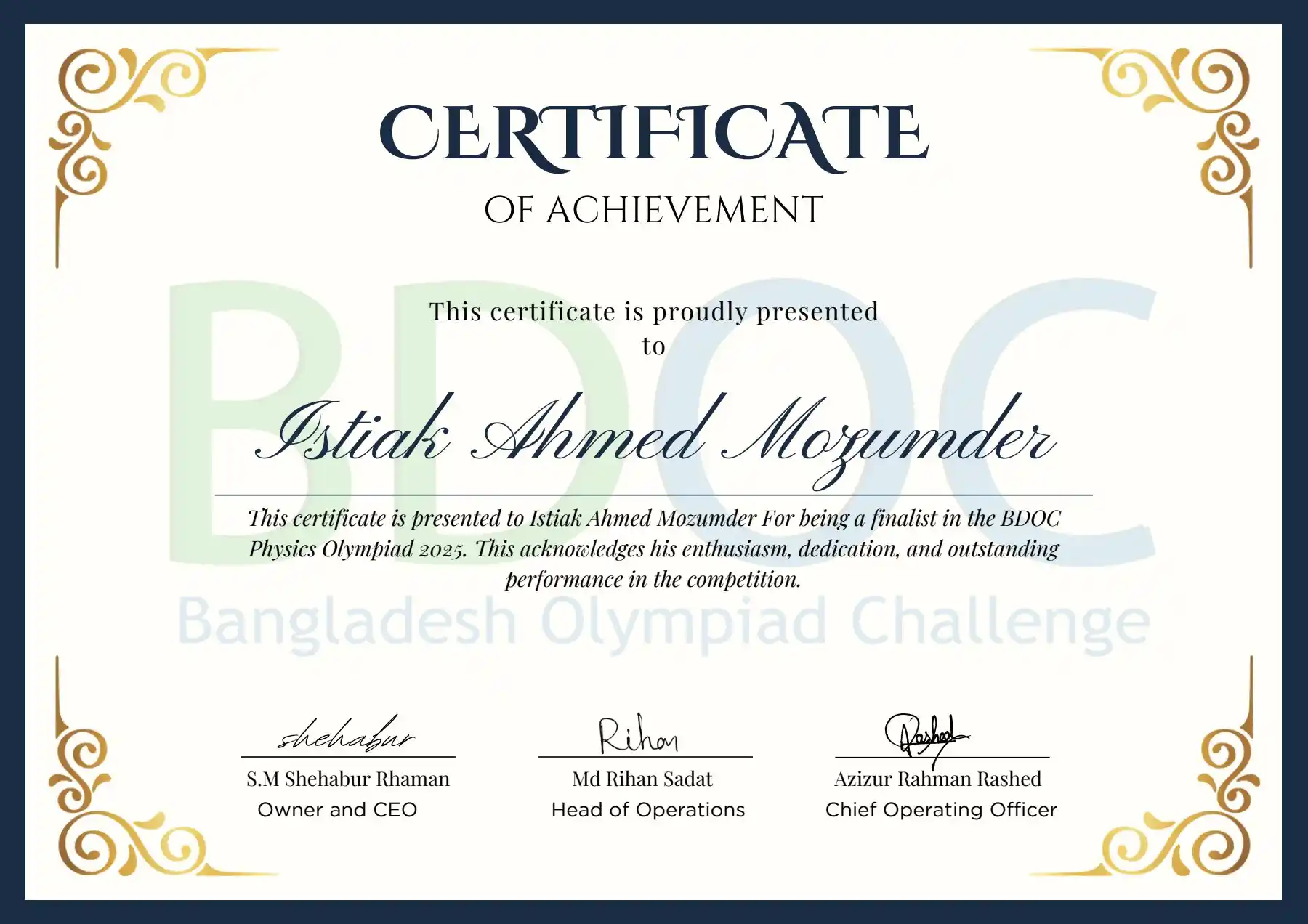 National Physics Olympiad Finalist Certificate