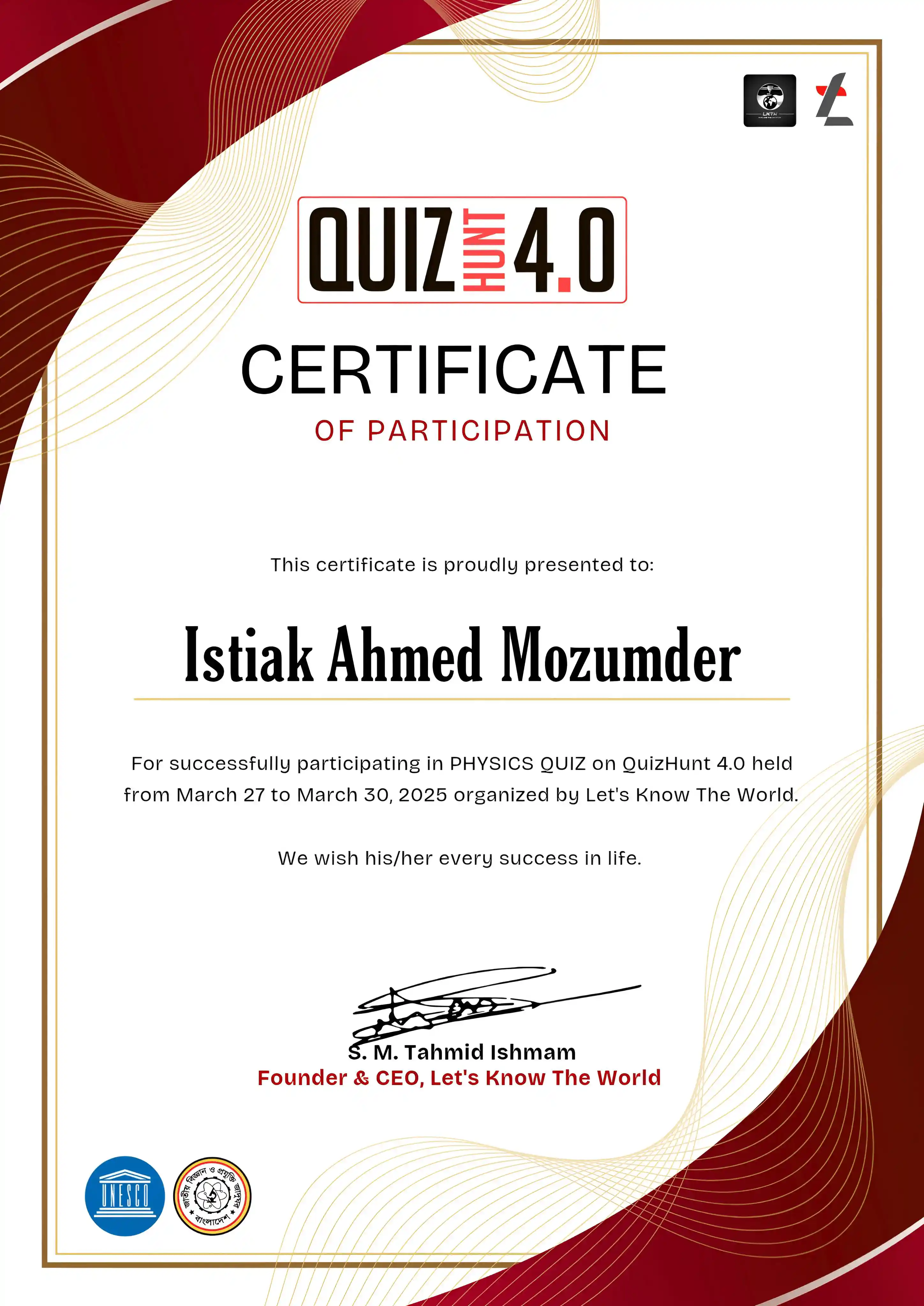 Quiz Hunt 4.0 Certificate