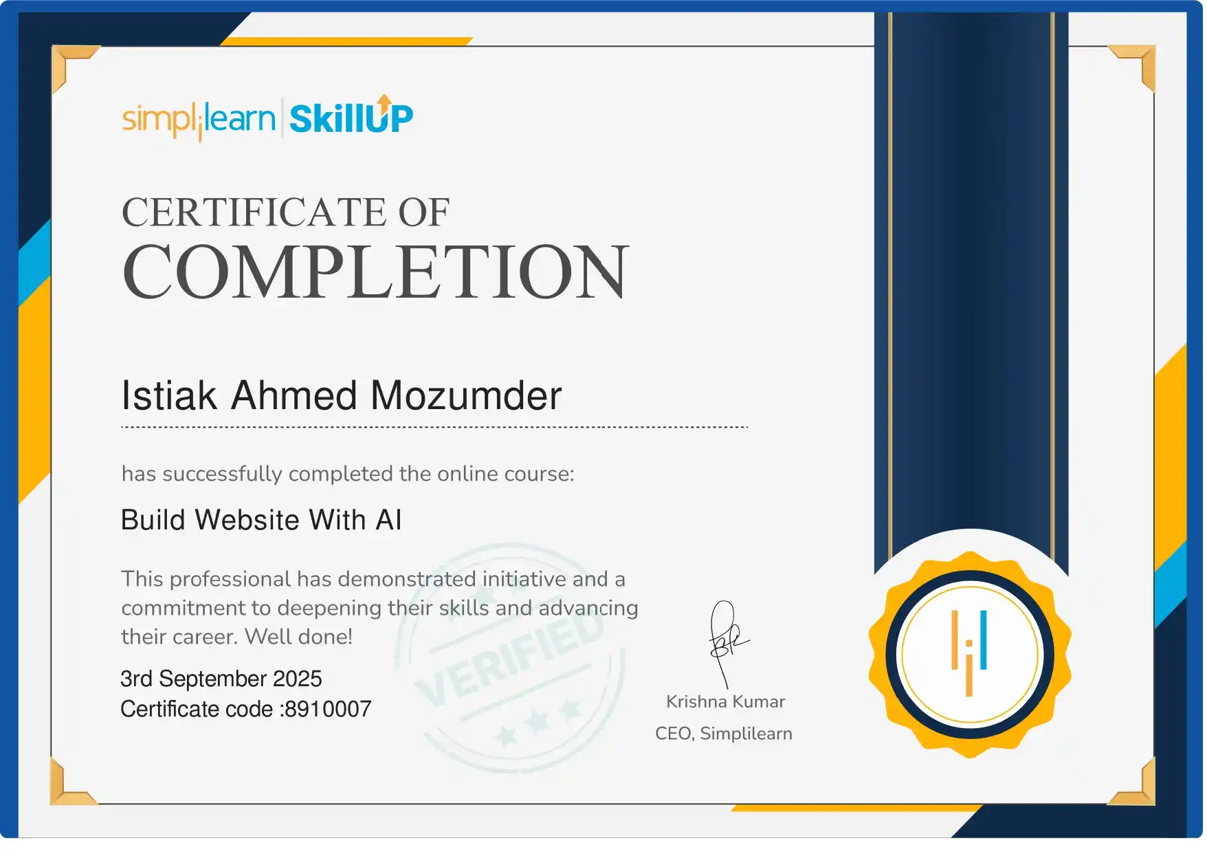 Simplilearn AI Course Certificate